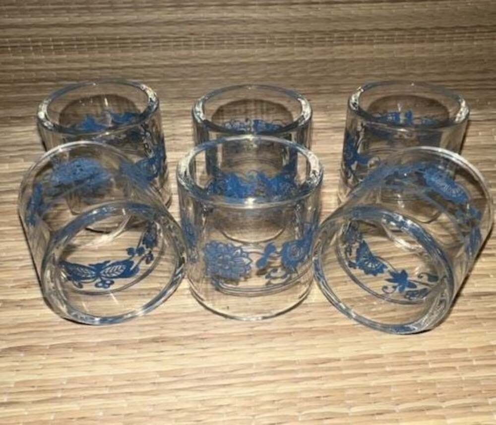 Vintage Pyrex Compatibles Old Town Blue Pattern Glass Napkin Rings, Set of 6